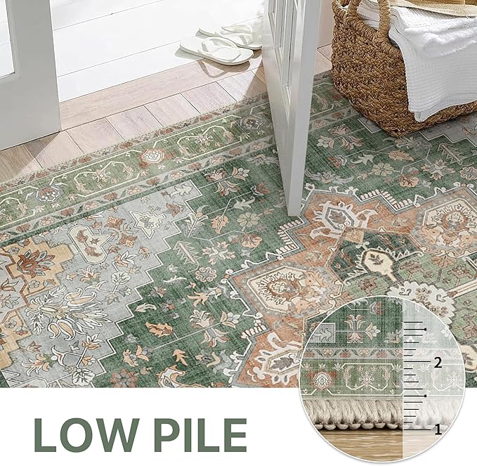 GENIMO 5x7 Area Rugs for Living Room, Machine Washable Non Slip Vintage Rugs, Low Pile Lightweight Chenille Print Rug for Bedroom, Dining Room, Home Office,Sage Green