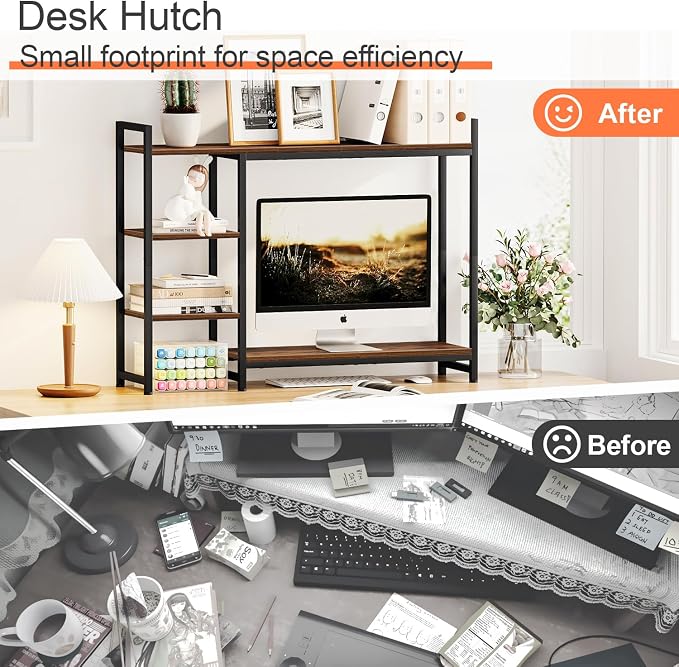 Snughome Adjustable Desk Shelf with Monitor Stand, 38.6" Desktop Organizer Hutch, Height Adjustable Computer Monitor Riser & 4 Tier Storage Bookshelf for Home Office Dorm