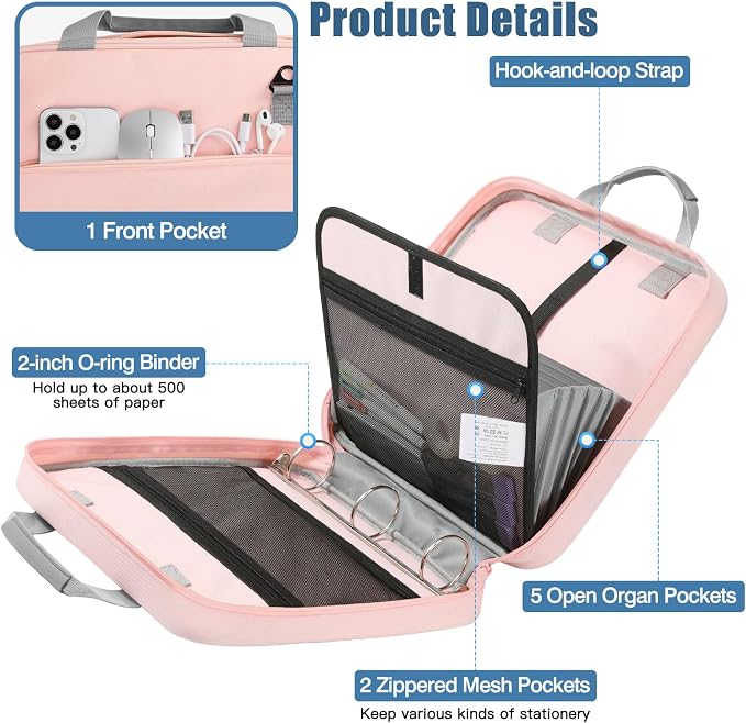MoKo Zipper Binder, 2 Inch 3 O Ring, 5 Tab File Folders, 500 Sheets, Pink | Water-repellent 900D Oxford fabric with 5 folders, 2 mesh pocket, reinforced handle and adjustable shoulder strap.