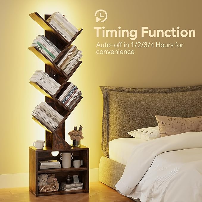 SUNMORY 6 Tier Tree Bookshelf with Lights, Bookcase with Storage Organizer | Dimmable LED Corner Bookshelf, Small Book Case, Narrow Floor Standing Book Shelf for Living Room, Bedroom & Home Office