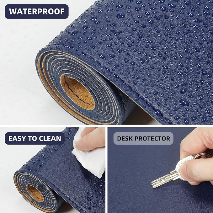 AFIING Leather Desk Pad Protector, Large Desk Mat with Natural Cork & PU Leather, Mouse Pad, Non-Slip, Waterproof Desk Writing Pad for Office and Home Blue