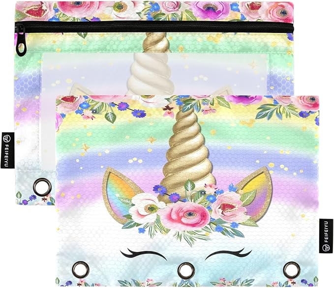 Unicorn Pink Pencil Pouch for 3 Ring Binder, 2 Pack Waterproof Pencil Bags Clear Window Zipper School Office Supplies