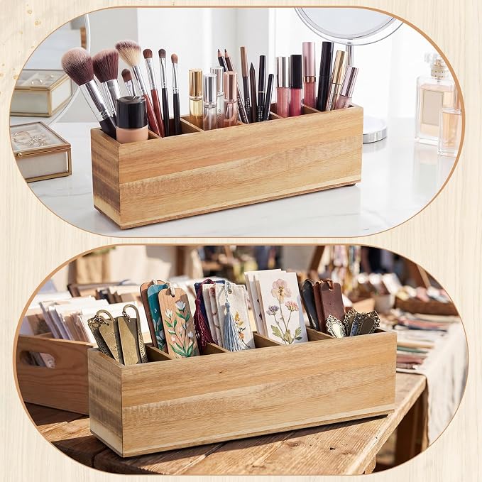Jetec Wooden Pencil Pen Holder for Desk 6 Compartments Wood Office Desk Organizers for Countertop Adjustable Makeup Brush Organizer Silverware Caddy for Party, Home, Art Supplies (Acacia Wood)
