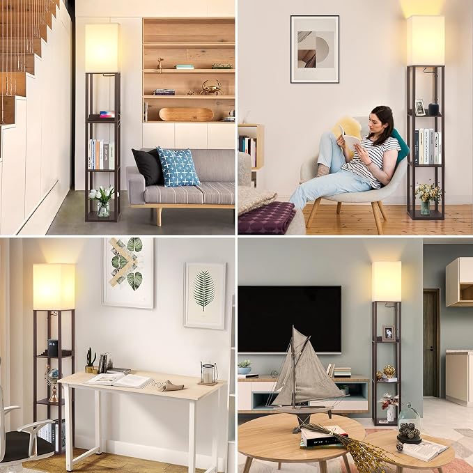 Floor Lamp with Shelves Touch Control Charging USB Type C Brown | 3-Tier Modern Square Bookshelf Lamp, Corner Standing Light with Power Outlet Dimmable LED for Living Room Bedroom Office