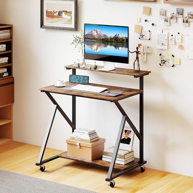 Giantex Rolling Small Desk with Storage, Compact Computer Desk for Small Spaces with Charging Station, Monitor Stand, Lockable Wheels, Study Writing Desk for Home Office, Bedroom (Rustic Brown)