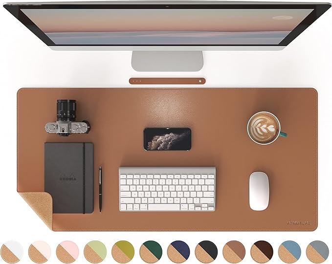 RENMTURE Dual-Sided Desk Pad, Natural Cork & PU Leather Large Mouse mats for Office and Home Work, Desk Protector Non-Slip, Waterproof, Easy Clean (Brown, 36"x17")