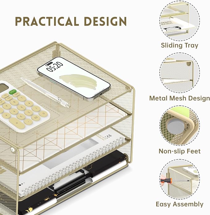DALTACK 3 Tier Letter Tray Paper Organizer with Sliding Mesh Trays Yellow | Metal Mesh File Organizer with Sliding Trays for Letter and A4 Paper, Mail, Bills, Folders and Office Documents