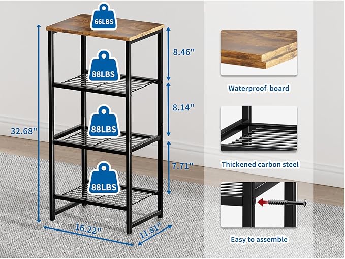 Industrial 3 Tier Printer Stand, Home Printer Wood Table with Wire Storage Shelf for Scanner Fax Machine, Heavy Duty Metal, Rustic Brown with Burly Wood Board