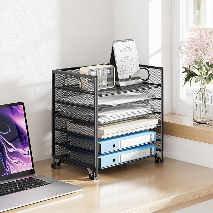 Simple Trending 6-Tier Paper Tray Organizer, File Organizer for Desk, Black | Letter Tray Holder with Handle. Sturdy Metal Frame. Non-slip Feet. Black for Office Home School. 13"L x 8.75"W x 14.6"H