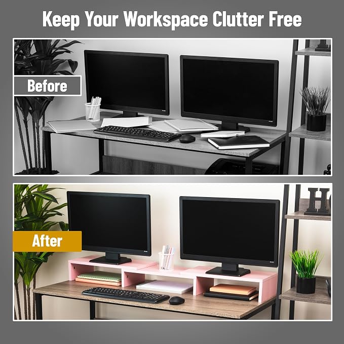Mind Reader Dual Monitor Stand, Desktop Organizer, Laptop Riser, Office, MDF, 51.25"L x 9.25"W x 4.75"H, Pink