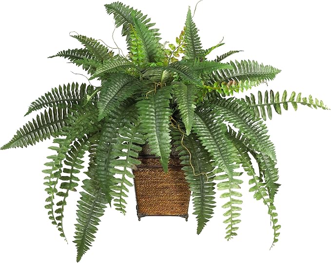 Nearly Natural 23 in Artificial Boston Fern with Wicker Basket | Lush Green Leaves with Twigs, Decorative Wood Wicker Basket, Ideal for Home or Office Decor
