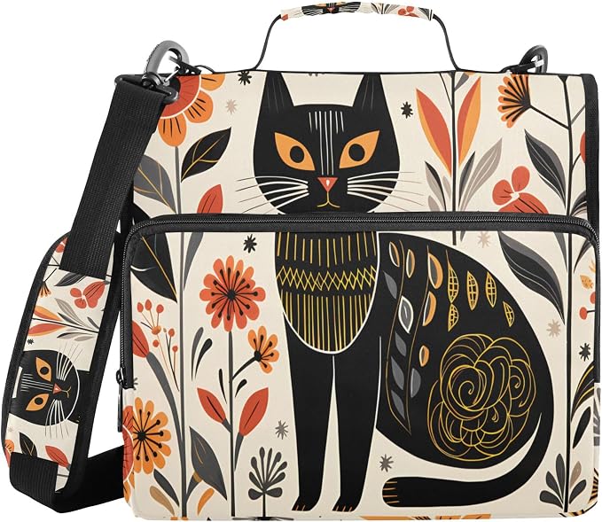 MNSRUU 3 Ring Binder Bag, 2 Inch D-Rings Easily Organizes 1 Inch Fits Letter Sized Paper, Black Cat Flowers Large 3 Hole Zipper Binder Organizer for School Office Supplies