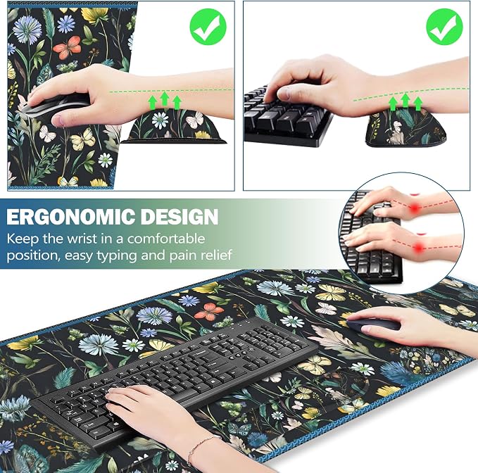 Keyboard Mouse Pad Set, Extended Mouse Pad with Keyboard Wrist Rest Support, Memory Foam Ergonomic Desk Pad Set for Home Office, Flower Leaf Butterfly
