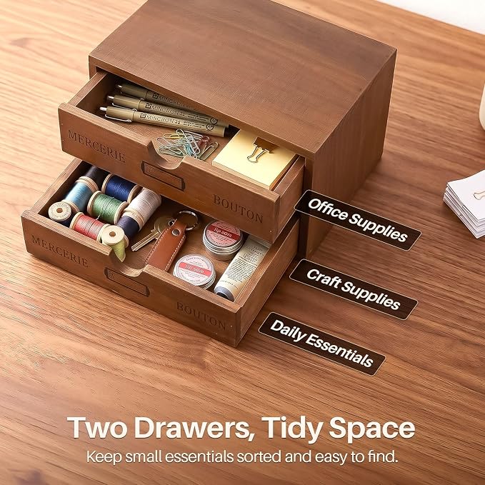 Flexzion Wooden Storage Box with 2 Drawers, Vintage Desktop Organizer | Compact Desk Organizer with Drawers for Office Supplies, Mail, Crafts and Vanity Items; 9.6 X 6.6 X 4.9 In; Fully Assembled