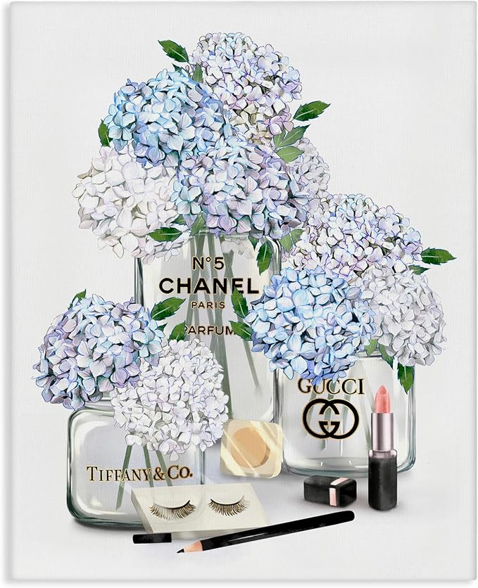 Glam Hydrangea Perfume Bottle Still Life, 30 x 40 Inch Canvas Wall Art | Stupell Industries · By Ziwei Li · Ready to hang · Chic fashion inspired decor for bedroom or office · Made in USA