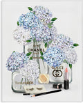 Glam Hydrangea Perfume Bottle Still Life, 36 x 48 Inch Canvas Wall Art | Stupell Industries · By Ziwei Li · Ready to hang · Chic fashion inspired decor for bedroom or office · Made in USA