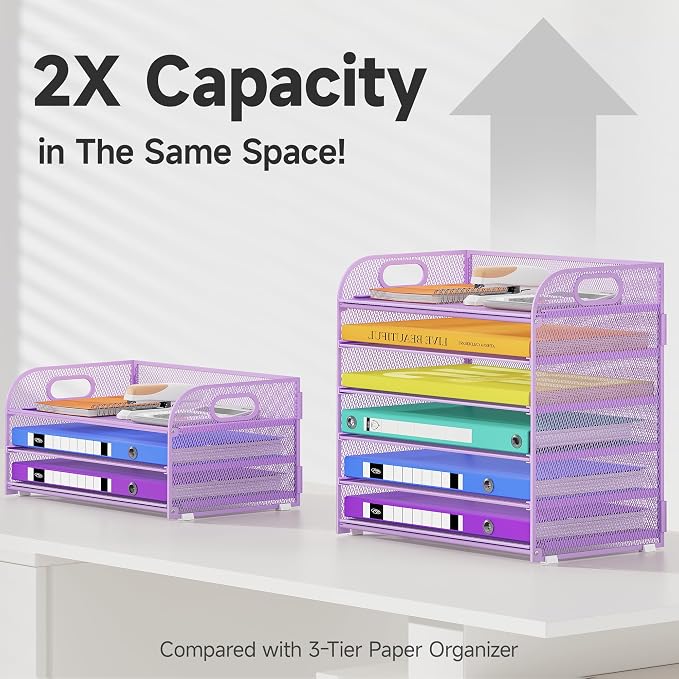 Cawukege 6 Tier Paper Organizer with Handle, Metal Desk Organizer Mesh Paper Letter Tray Desktop File Folder Document Sorter for Classroom, School, Office Accessories Storage (1, 6 Tier - Purple)