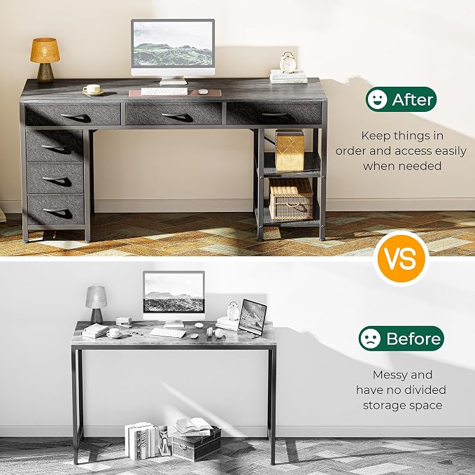 Huuger Computer Desk with 6 Drawers, Office Desk with Shelves, Reversible Gaming Desk, Corner Desk with Storage, Work for Home Office, Study, Living Room, 54inch, Grey