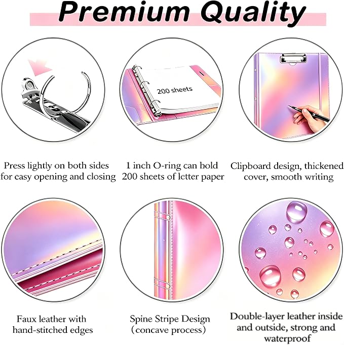 3-Ring Binder 1-inch with Clipboard, Holographic Pink Glitter Design, Including 5 Divider Pages, File Bag and Spine Label - Perfect for Schools, Offices and Organizations
