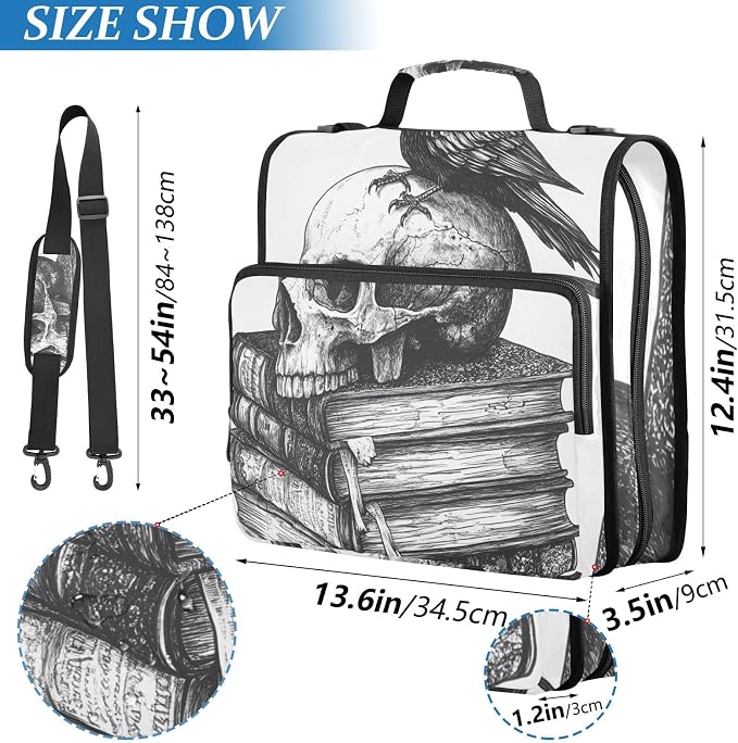 ALAZA Zipper Binder 3 Ring Book Skull Crow Binder Organizer with Zipper and Shoulder Strap Large Capacity Multi-Pocket Trapper Keeper File Folder for Office Supplies