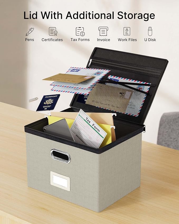 Oterri File Box Large 2-Pack Hanging Organizer for Letter/Legal-Size Folder | Dustproof Lid. 3 Mesh Pockets. Collapsible Scratch-Resistant GRS Linen. Slide Rails. Office, Home, Dorm