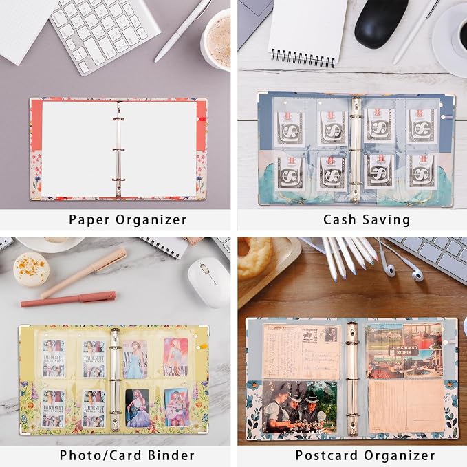 Mini Binder Organizer for 5.5" x 8.5" Paper ，1 Inch 3 Ring Binder with Clipboard, 5-Tabs Pockets Dividers, Plastic Folder, 18 Divider Stikers, Pen Loop (Blue Flora, Half Letter Size)