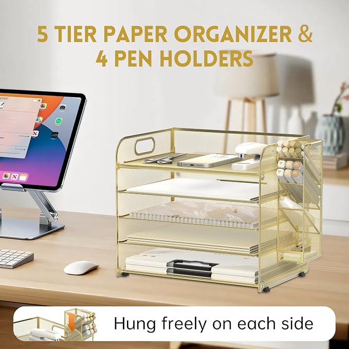 5-Tier Paper Organizer for Desk with Pen Holders, Letter Trays, Gold | Metal Mesh Desktop File Organizer with Removable Trays and 2 Handles for Paper, Files, Mail, Folders in Office Home or School