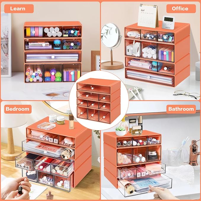 Desk Storage Organizer with 9 Drawers, 4 Tiers Stackable Desktop Craft Storage Drawers, Clear Storage Box Caddy for Stationary Makeup Jewelry Office Craft Supplies (Orange)