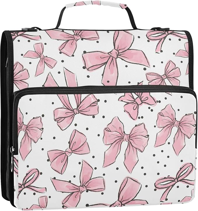 Pink Bows Dots 3 Ring Binder Bag 1.5 inch Binder Organizer with Zipper Shoulder Strap 500 Sheet Documents Storage for School Office