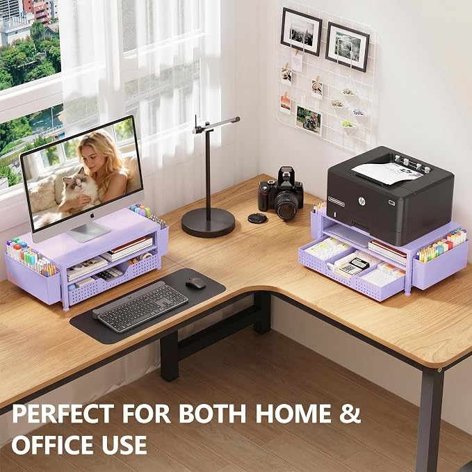 Desk Organizers and Accessories, Computer Monitor Stand Riser with Drawer and 2 Pen Holders, Printer & Laptop Stand, Office Desk Accessories & Workspace Organizers for Home Office Supplies, Purple