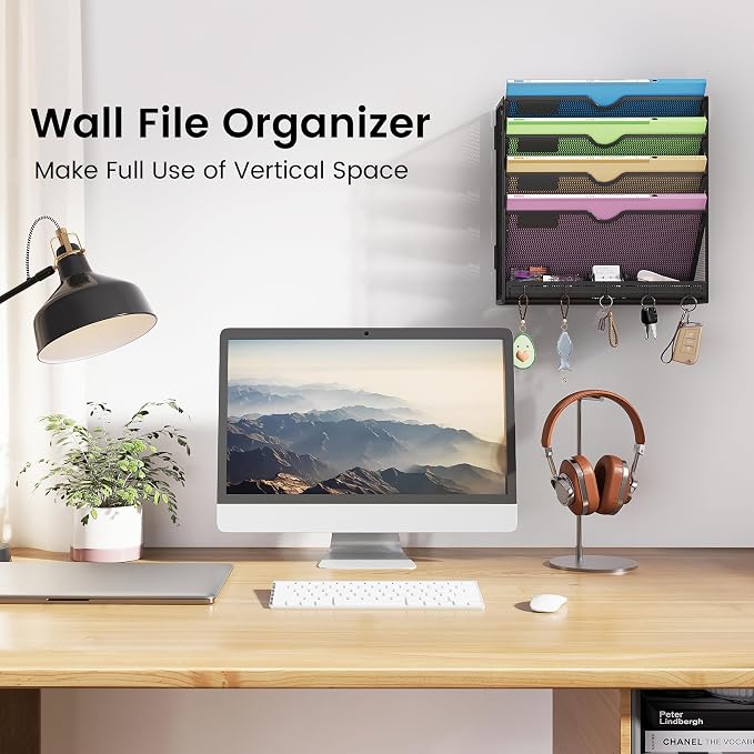 Hanging Wall File Organizer 5-Tier Wall Mount Mail Organizer | Desk Paper Organizer, Sleek Black Metal File Folder Holder for Office, Cubicle (Black-5 Tier)