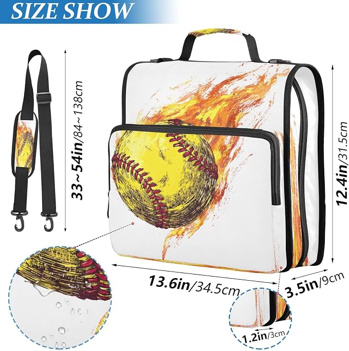 ALAZA Zipper Binder 3 Ring Softball Fire Ball Binder Organizer with Zipper and Shoulder Strap Large Capacity Multi-Pocket Trapper Keeper File Folder for Office Supplies