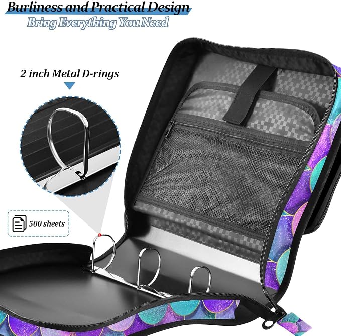 Pink Blue Purple Mermaid Scales 3 Ring Binder Bag 1.5 inch Binder Organizer with Zipper Shoulder Strap 500 Sheet Documents Storage for School Office