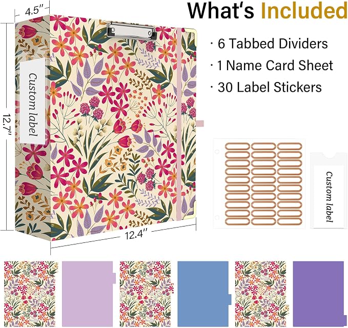 3 Ring Binder 3 Inch, Cute Round Ring Binder with 6 Tab Dividers & Label Stickers, Low Profile Clipboard with Storage, Fashion Binder for School Office Supplies (Pink Floral)