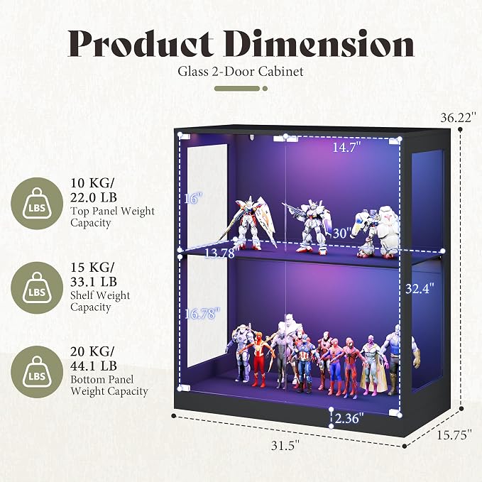 AMERLIFE RGB Display Cabinet, 32 x 16 x 36 Inch | 2-Tier Storage Case with LED Lights, Adjustable Shelves and Press-to-Open Doors, Black