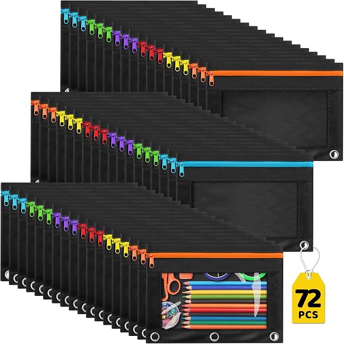 72 Pack Pencil Pouch for 3 Ring Binder, Clear Window 3-Holes Zipper Pencil Bags Bluk, Sturdy and Durable Cloth Pencil Case Pouch Multi-Purpose Cartuchera for Office College Classroom School Supplies