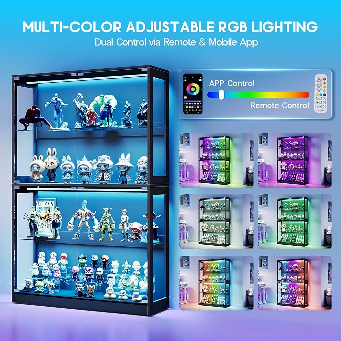 AMERLIFE 45-Inch RGB Display Cabinet with Glass Doors | 70 H x 45 W x 16 D In, 4-Tier Storage, Adjustable Glass Shelves, RGB LED Lights, Press-to-Open Doors, Black
