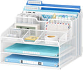 Lavatino Desk Paper File Organizer - Metal Mesh with 2 Letter Trays, 7 Flexible Dividers, 2 Vertical File Folder Holders for Office/Home/Classroom Supplies, Desk Organizers and Accessories, White