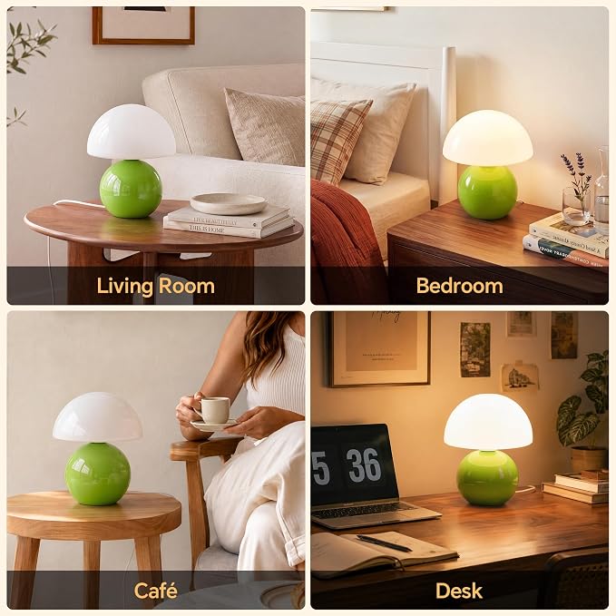 Mushroom Lamp Table Lamp for Bedroom-Small Desk Table Lamps,Green | 8.7" Mid Century Modern Table Lamps for Living Room Bedroom Decor,Cute Ceramic Lamps for Mushroom Home Room Decor,Glass Shade
