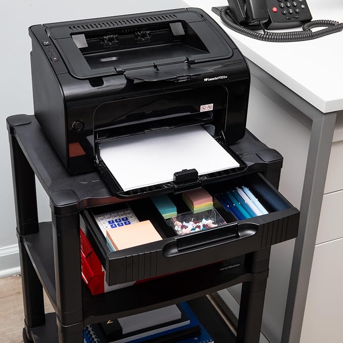 Mind Reader Compact Rolling Printer Cart, Utility Stand with Wheels and Drawer, Space Saving Printer Stand for Home Office, Adjustable 2 or 3 Tier, Black