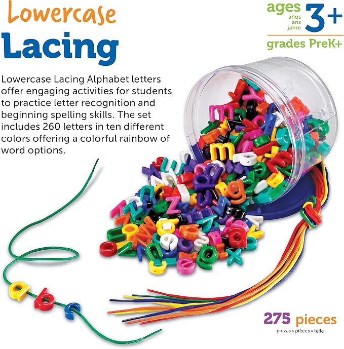 Learning Resources Lowercase Lacing Letters - 275 Pieces, Ages 3+ Toddler Alphabet Learning Toys, Preschool Games, Homeschool Supplies, Fine Motor Skills Toys, Alphabet Beads, Early Spelling