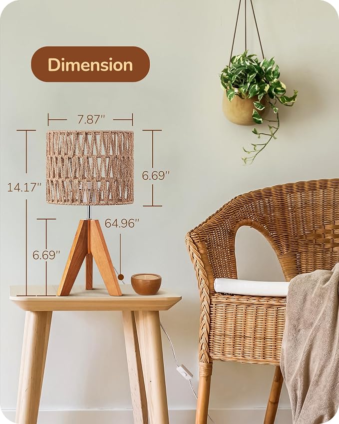 EDISHINE Rattan Small Table Lamp, Boho Nightstand Lamp, 14.2", E26 Base | Natural Style, Wood Tripod Base, Rosewood Color & W-Pattern Shade, Bedside Lamp for Living Room, End Table, Office