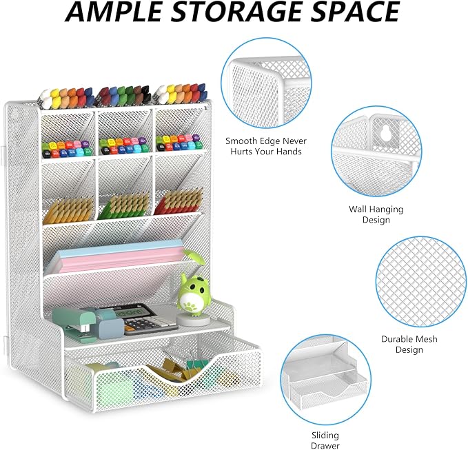 BOHDK Pen Organizer for Desk, Multi-Functional Desk Organizer, Wall Mount Pen Holder with Drawer for School, Office, Home, Art Supplies, White