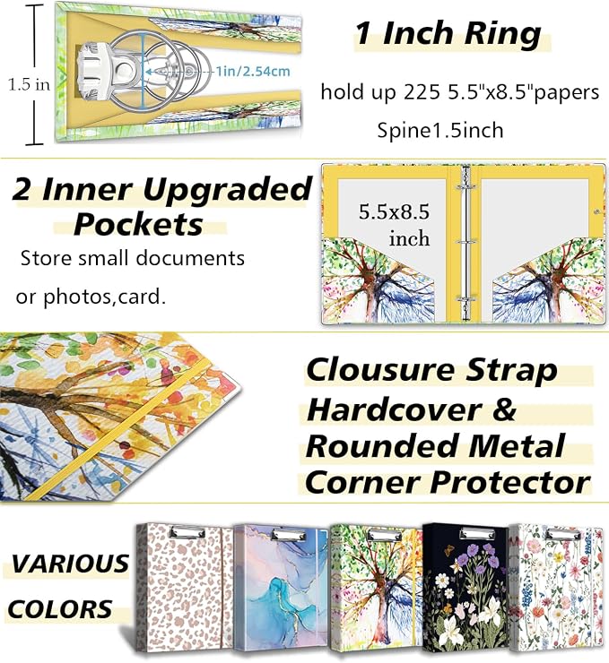 Mini 3 Ring Binder 1 Inch for 5.5"x8.5" Paper, Small Three Ring Binders with Clipboard,5-Tab Dividers,Interior Pocket, Spine ID Label Holder, BVSSX A5 Binder with Pen Holder,Season Tree