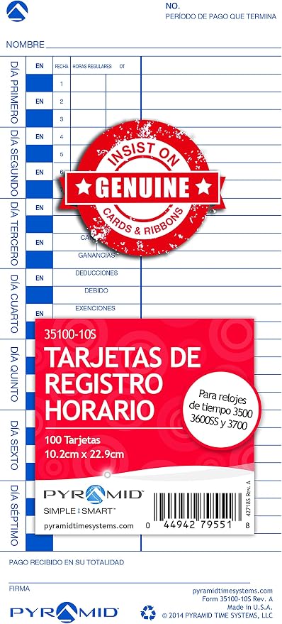 Pyramid Time Systems 35100-10S Spanish Time Cards, 100 Pack