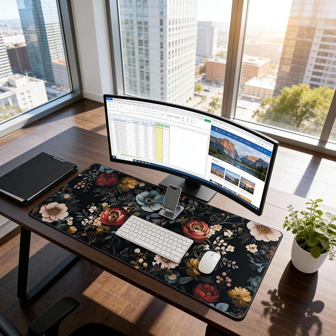 Floral Aesthetic Rose Gaming Mouse Pad, Black Dark Botanical Desk Mat with Anti-Slip Base & Stitched Edges,35.4" x 15.7" in Desk Accessories for Women, Home Office Decor & Artistic Gift