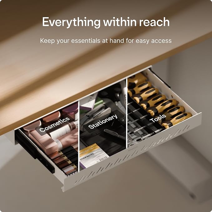 Desktronic Under Desk Drawer — Hidden Under-Desk Storage Organizer, Easy Install, Large Capacity Metal Sliding Drawer for Home Office, Standing Desk & Workstation (White)