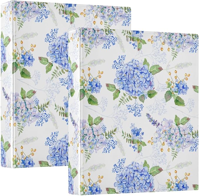 Blue Purple Hydrangea Binder 1.5 Inch Binder with Clipboard&Pockets, Lilac White Floral Hardcover Binders 3 Ring, Heavy Duty Large File Folder for Office School Supplies - Holds 200 Sheets