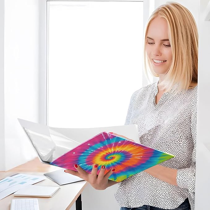 Tie Dye Round Ring Binders 1.5 Inch Rainbow 3 Ring Clipboard Binder for Office School Work Supplies File Folder 200 Sheet Capacity 2 Pieces