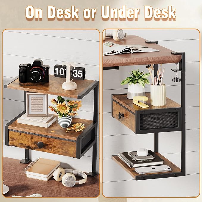 VENNQD Clamp On Desk Shelf, 2-Tier Desktop Organizer, Wood Desktop Supplies Tabletop Book Storage Rack with Adjustable Shelves for Table Working and Gaming Accessories, Rustic Brown